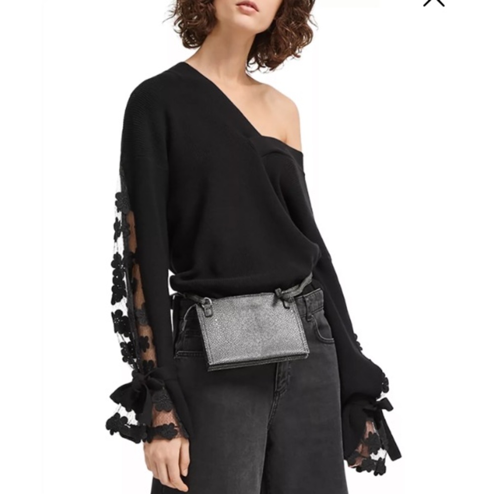 French Connection Lace Sleeve Sweater Black Bow Whimsigoth Knit Top Sz M NWT